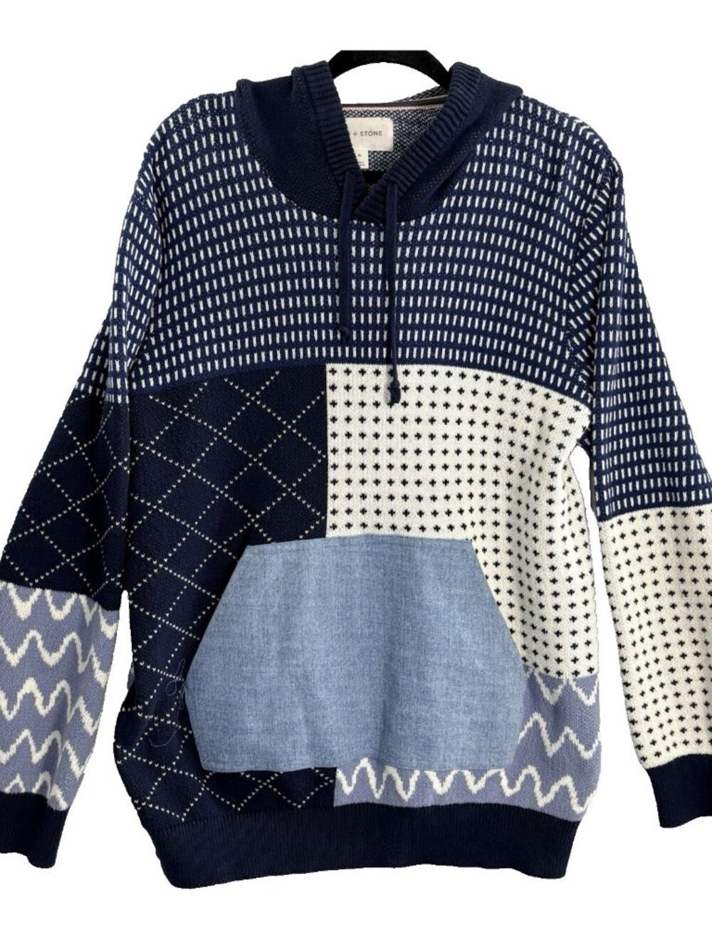 SUN‎ & STONE Men Pullover Long Sleeve Hood Patch Style Sweater Sz XL Blue 9-11